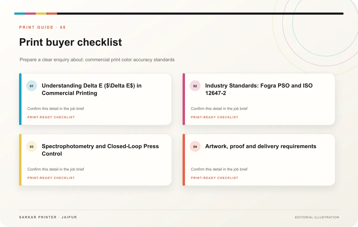 Print buyer checklist infographic for Advanced Commercial Print Color Accuracy Standards: Spectrophotometry & Delta E