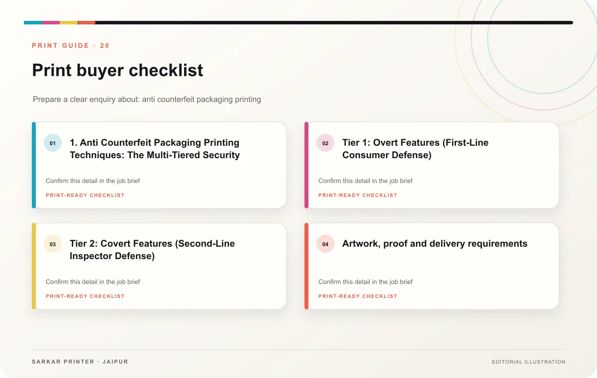 Print buyer checklist infographic for Anti Counterfeit Packaging Printing Techniques: The Multi-Tiered Security Engineering Guide