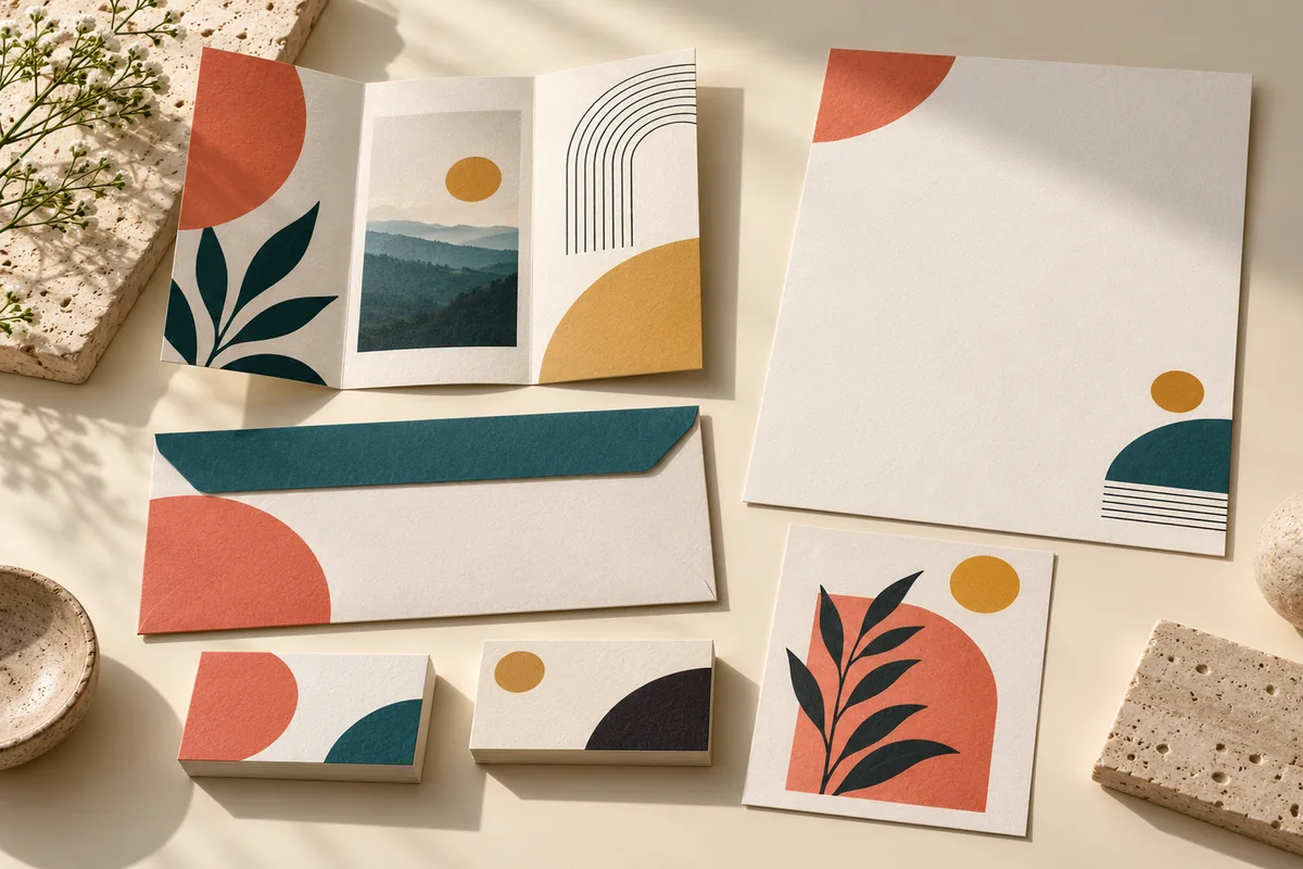 Commercial print samples including business stationery and brochures