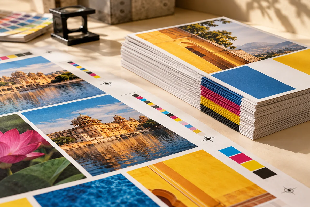 Offset print samples with aligned colour bars and crisp sheet detail