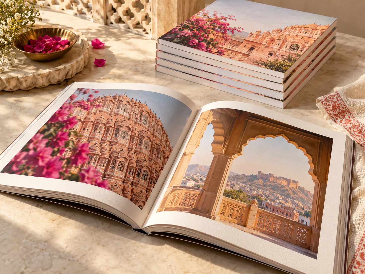Open art book and stacked softcover copies with a richly printed illustrated spread