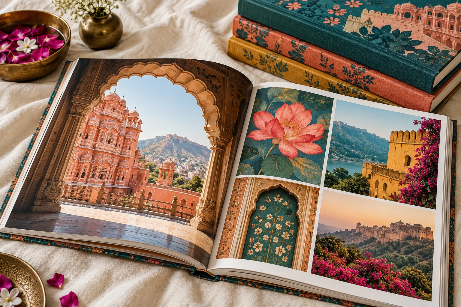 Concept visual of an open illustrated book with a stack of hardcover copies
