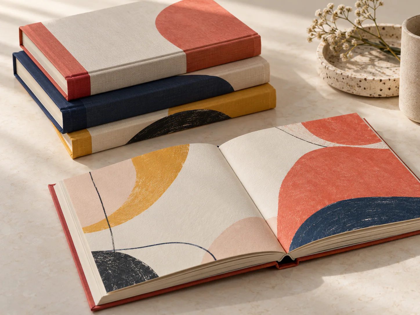 Premium hardcover journals and open book showing textured paper and abstract endpapers