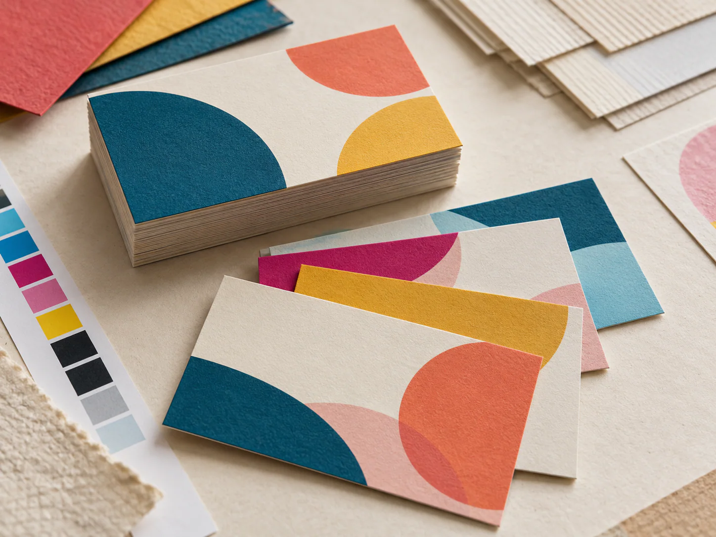 Premium printed business cards with tactile uncoated paper and abstract colour details