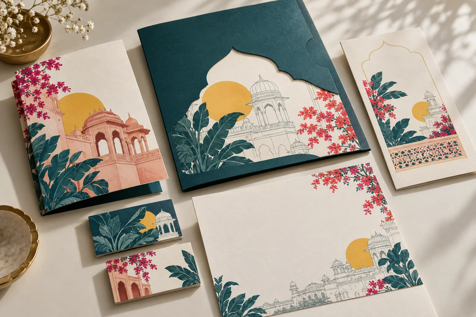 Concept visual of a coordinated brochure, folder, business cards and stationery