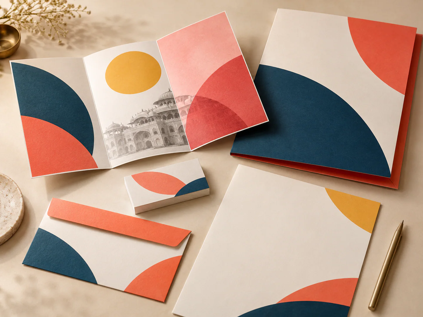 A coordinated tri-fold pamphlet, presentation folder and commercial stationery set