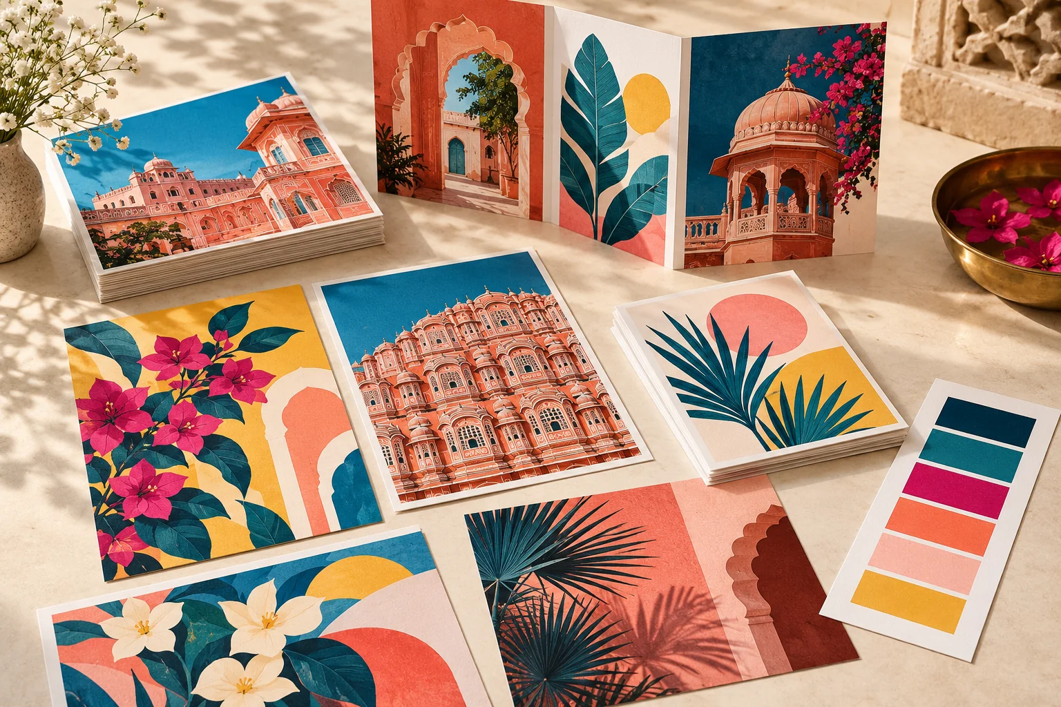 Concept visual of short-run postcards, flyers and a folded digital brochure