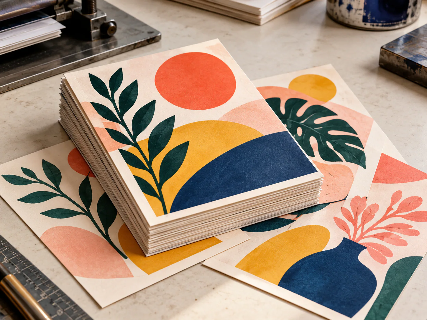 Short-run digital flyers with crisp abstract colour and botanical artwork