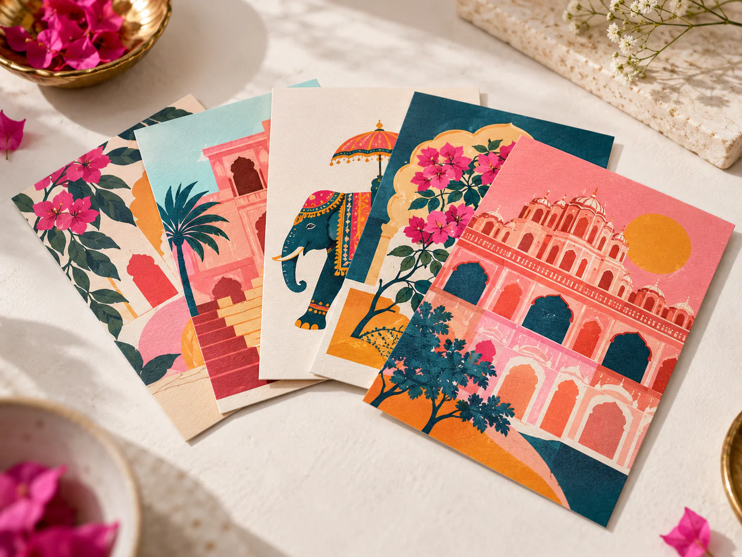 Short-run digital postcards and greeting cards fanned across a studio table