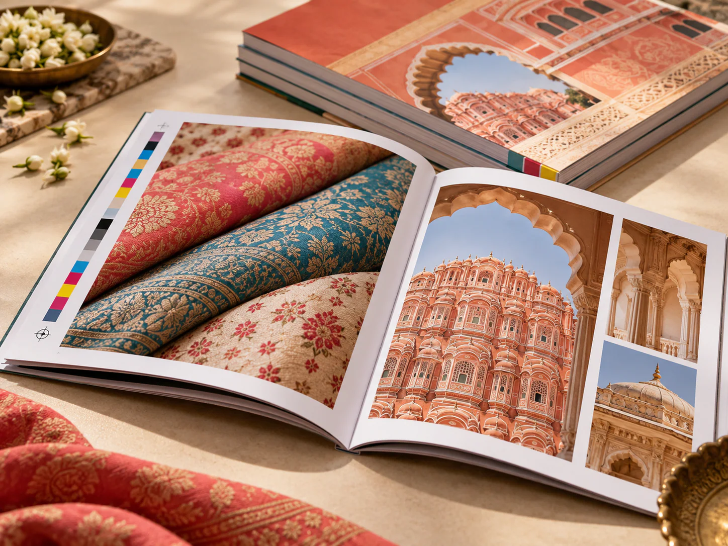Stack of colour catalogues with an open image-rich printed spread
