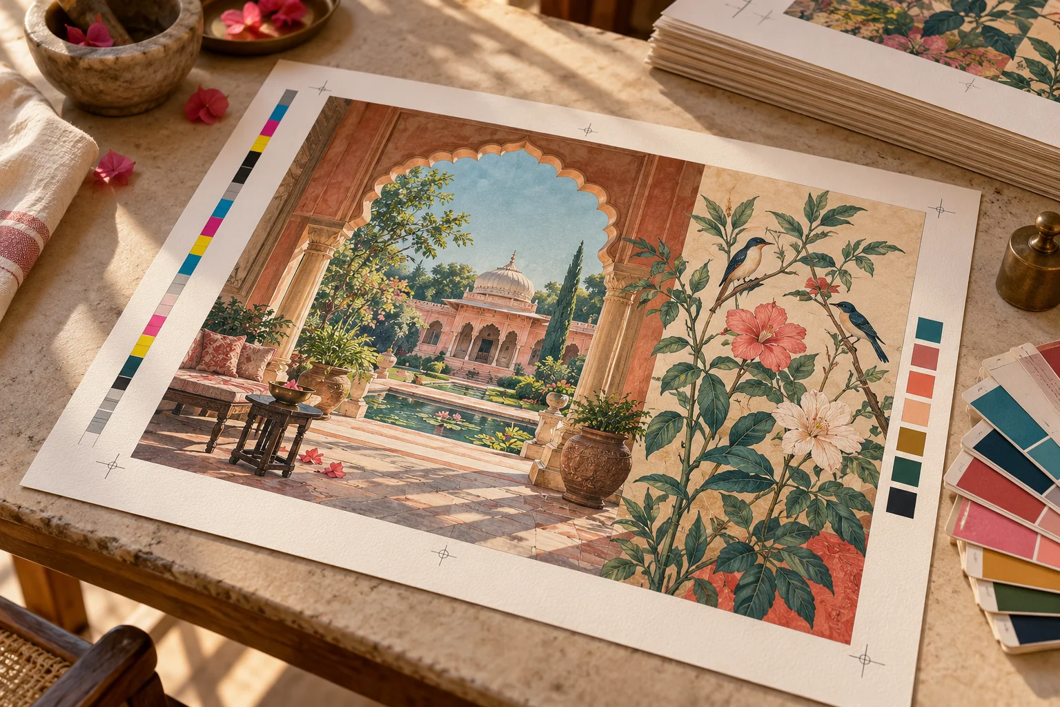 Concept visual of a colourful Jaipur-inspired offset print sheet with a CMYK strip