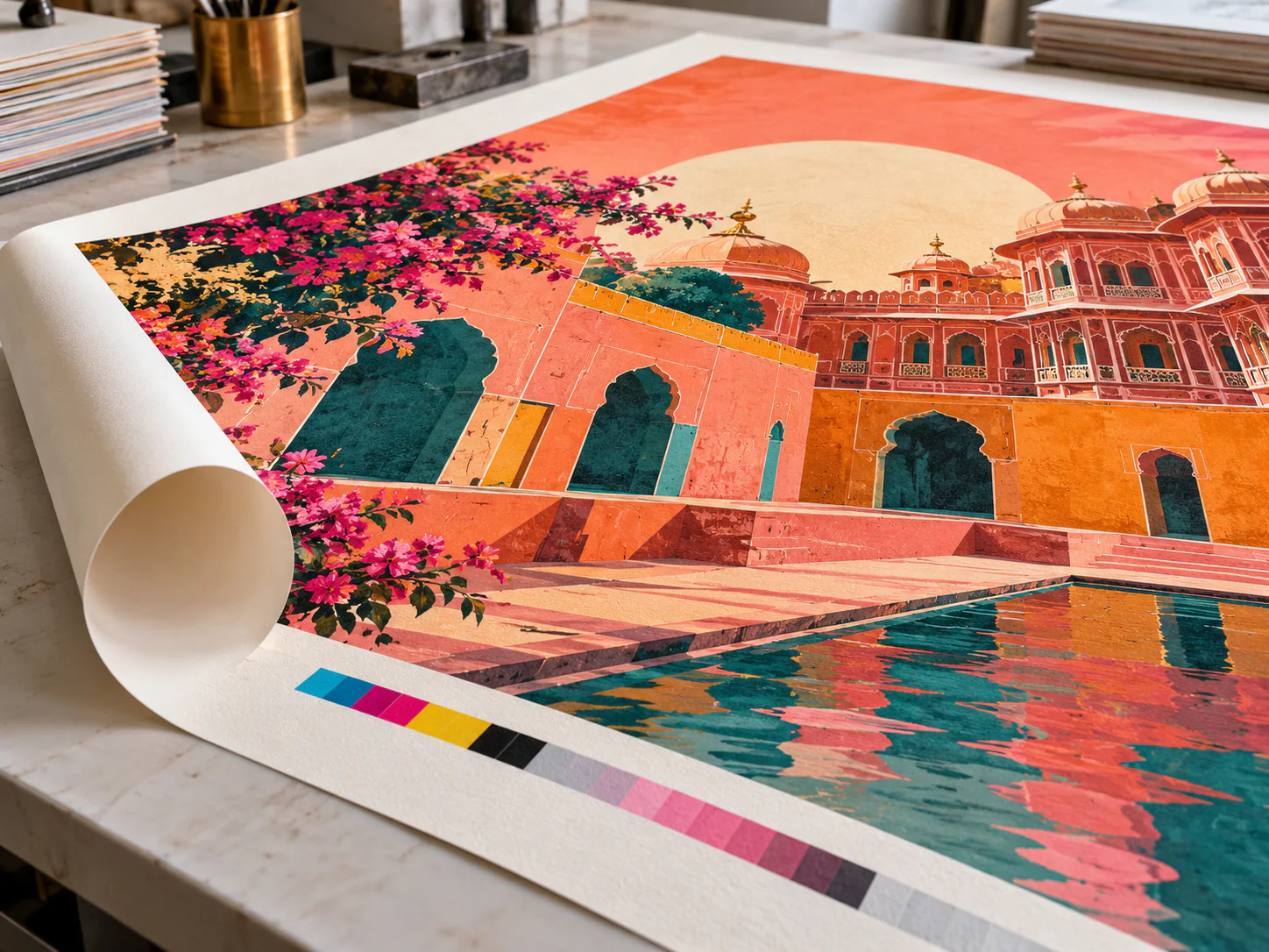 Large-format art poster with tactile matte paper and colour registration strip