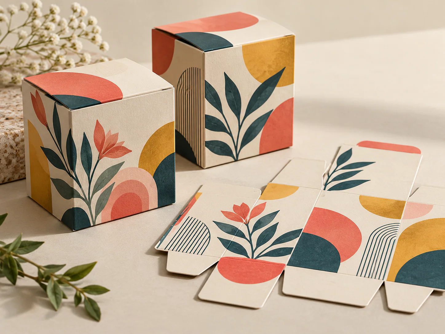Printed folding carton packaging mockup with a flat dieline beside two finished boxes