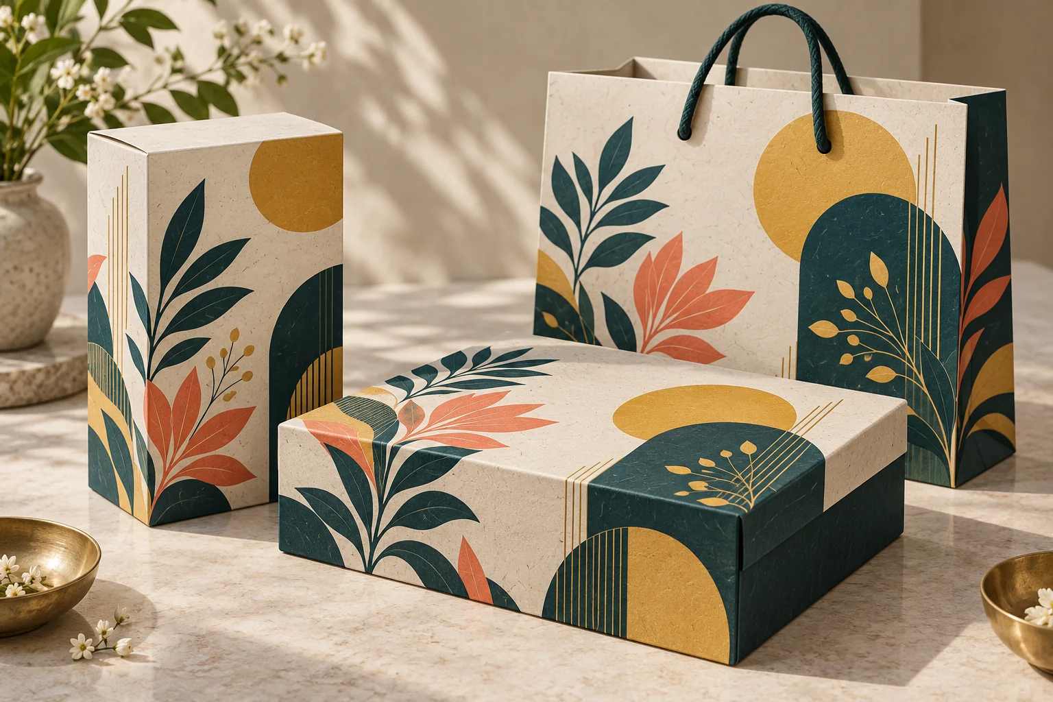 Concept visual of a coordinated printed paper bag, carton and gift box