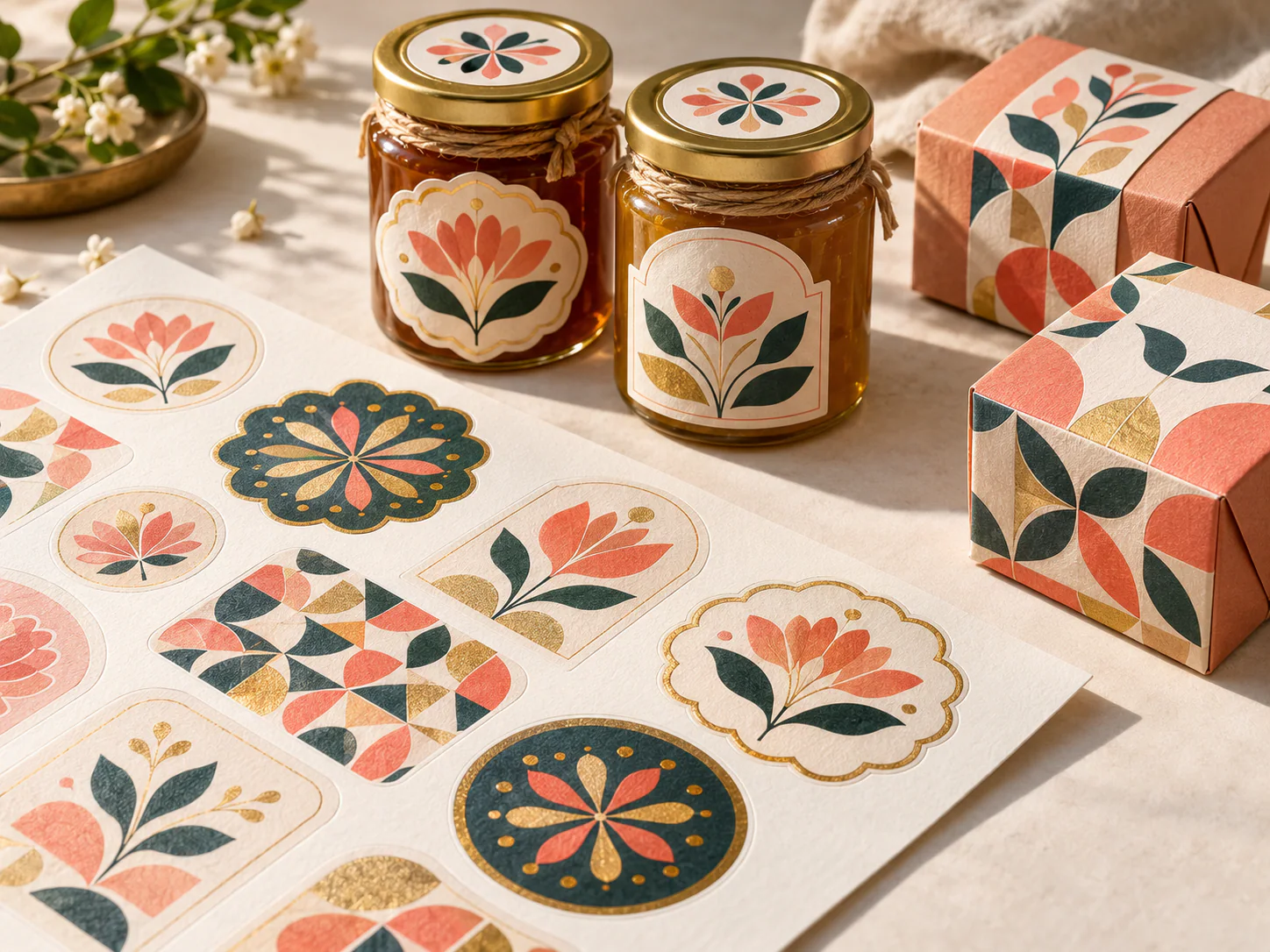 Die-cut product labels and matching printed packaging samples with botanical motifs