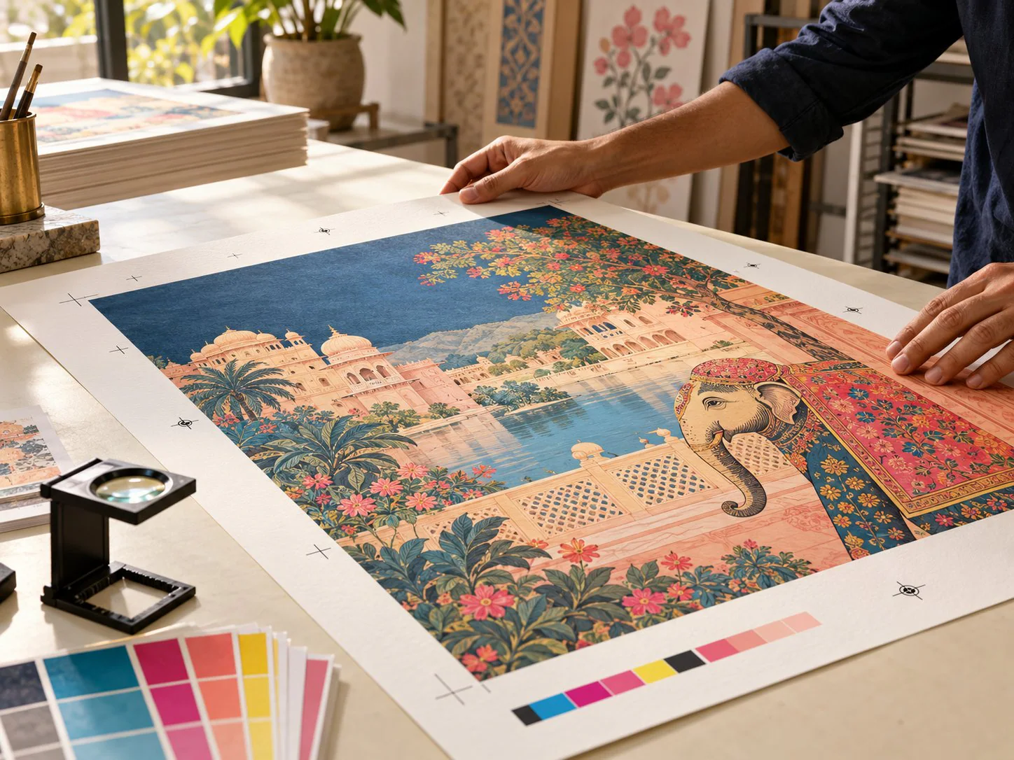 Print-ready Jaipur artwork checked on a studio table