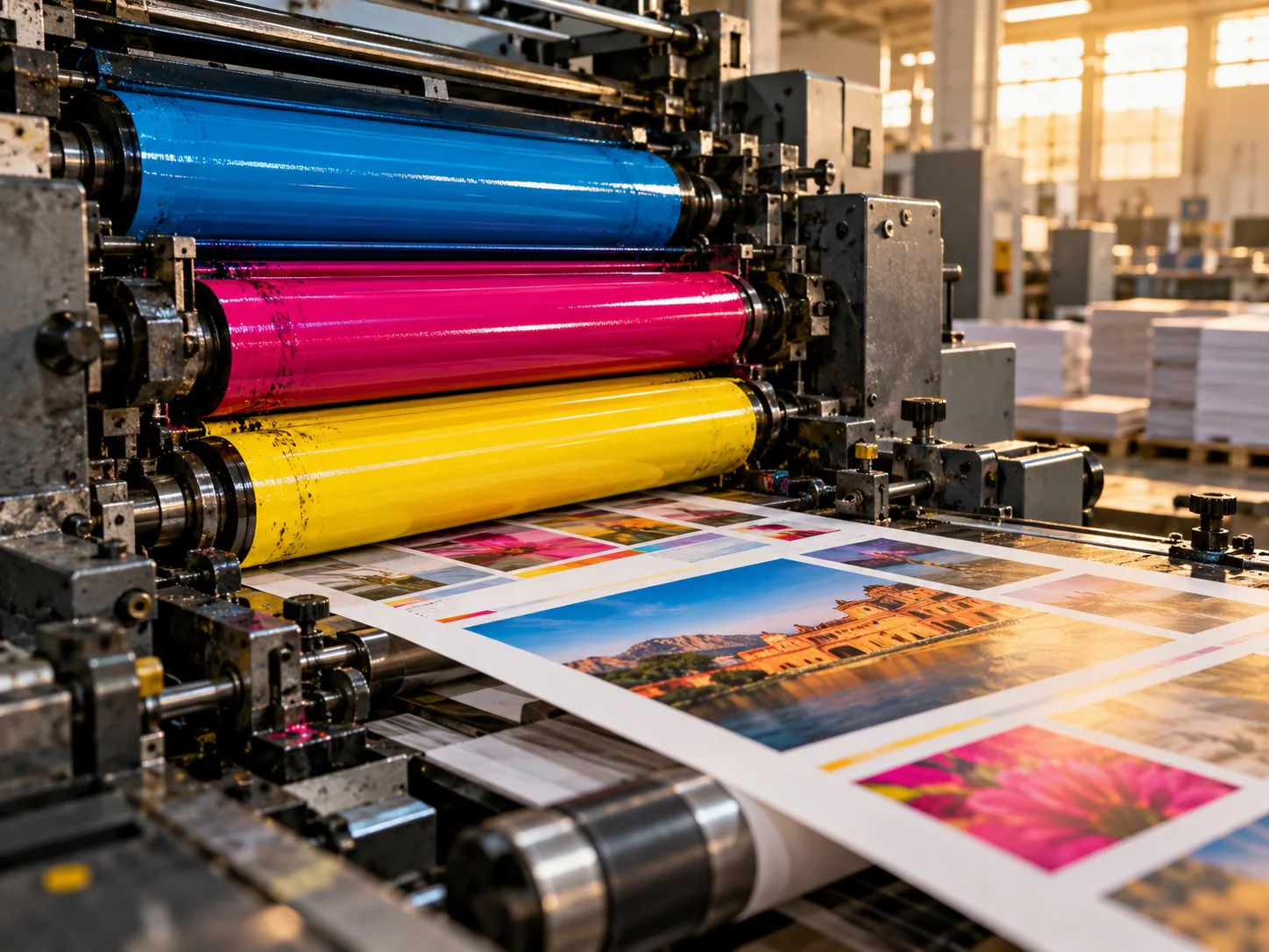 CMYK rollers laying colour onto a sheet in an offset press