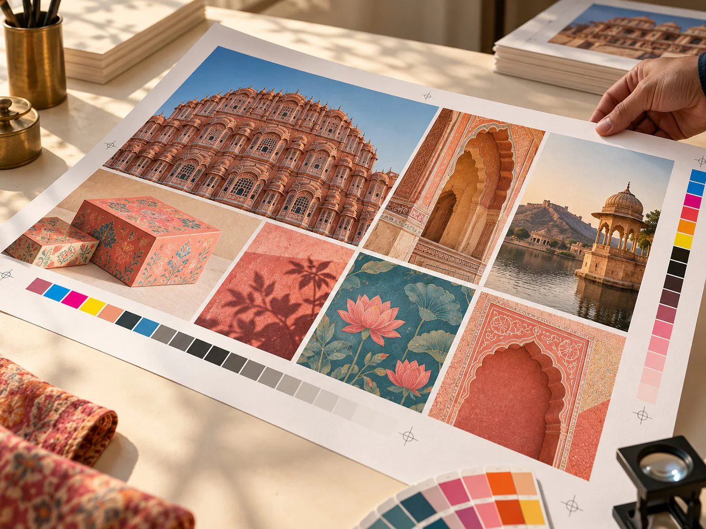 A colour proof sheet with Jaipur imagery and calibration bars
