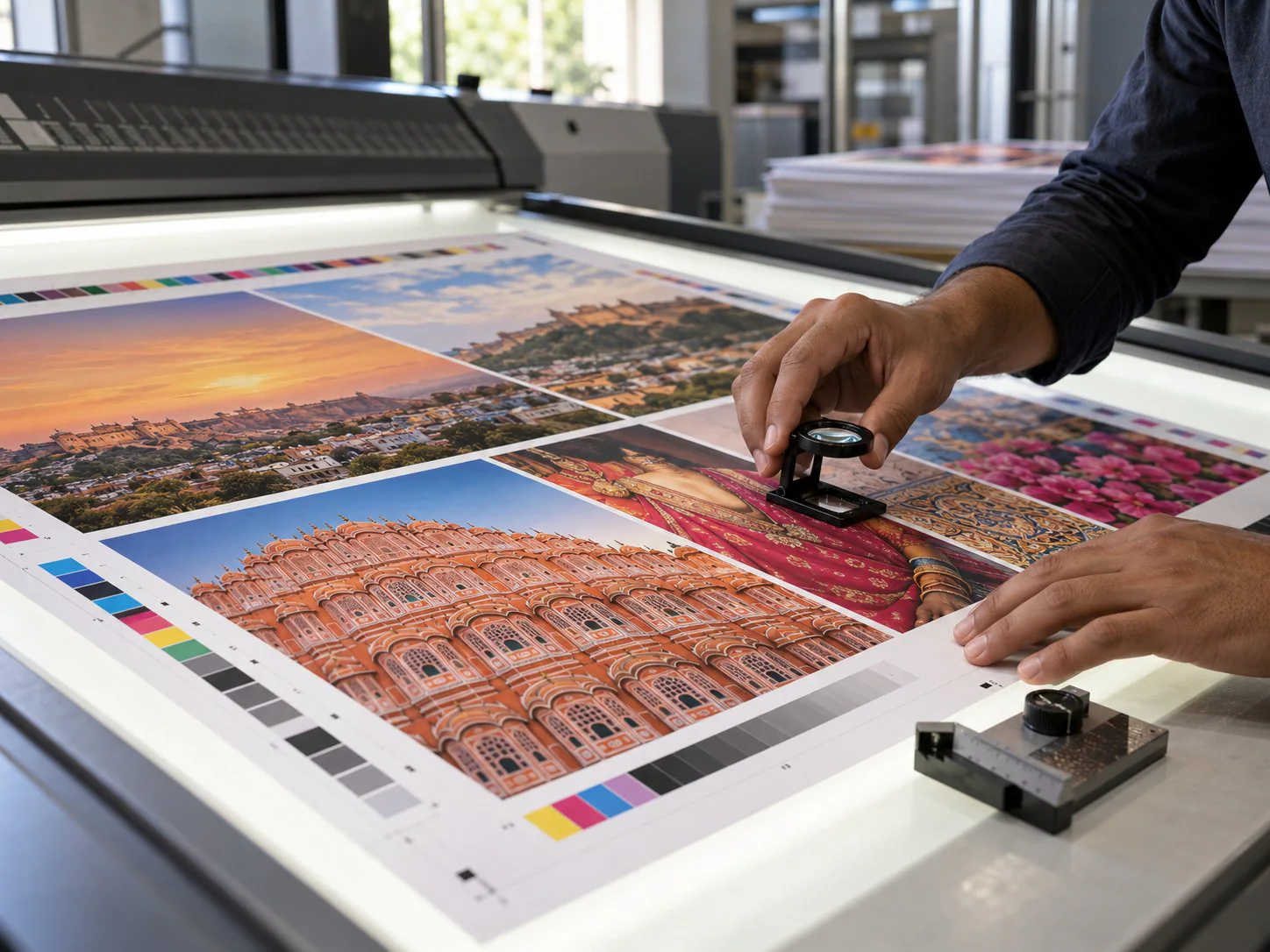 A print operator checks colour and registration with a loupe