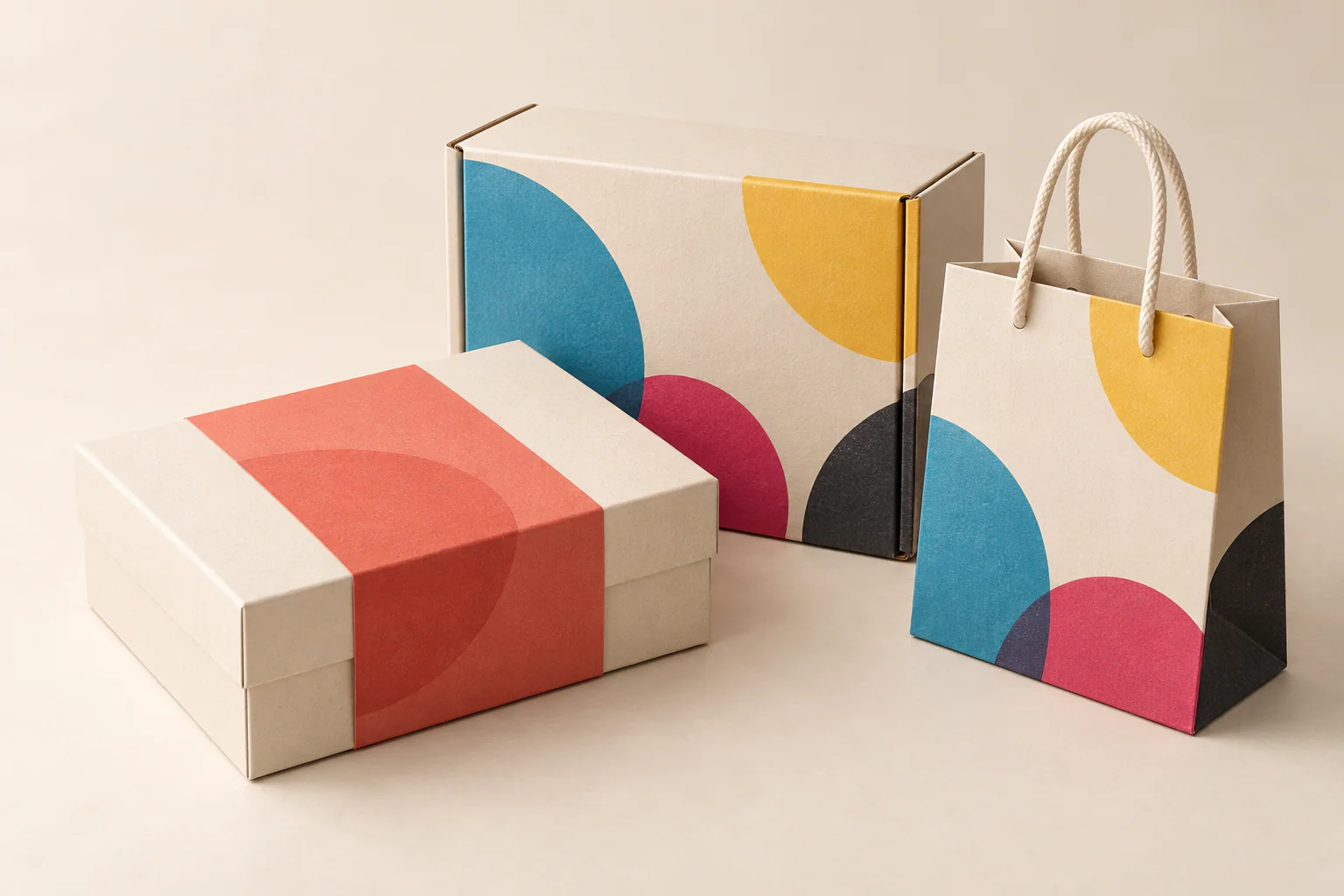 Printed packaging samples showing branded boxes and product labels