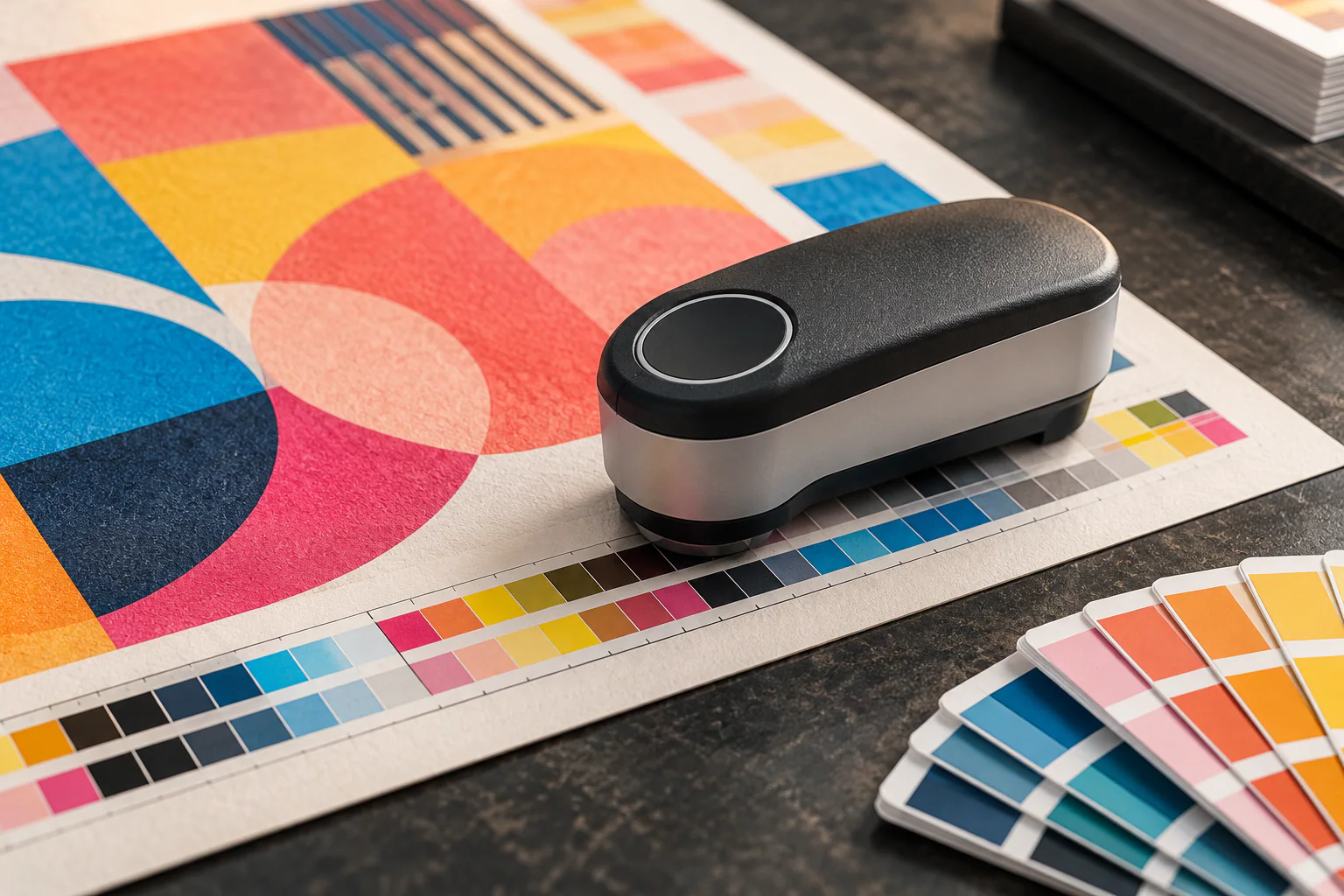 A colour measurement device and CMYK proof sheet with a printed colour strip