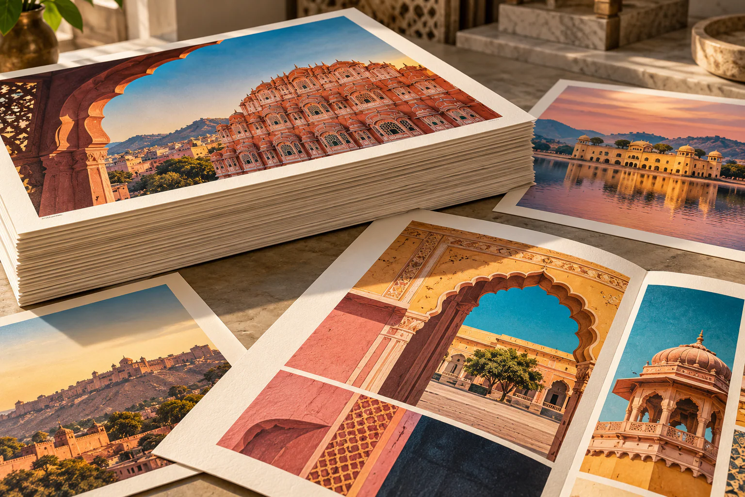Freshly printed Jaipur architecture art sheets arranged to show rich colour and crisp paper edges