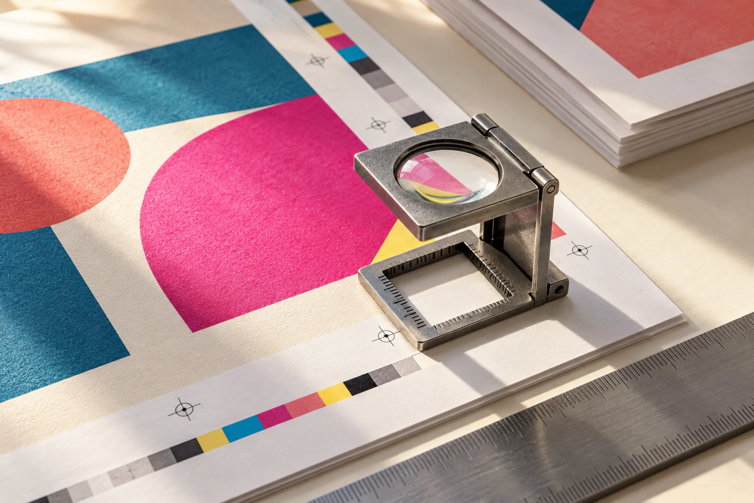 A print artwork proof with registration and trim details being checked