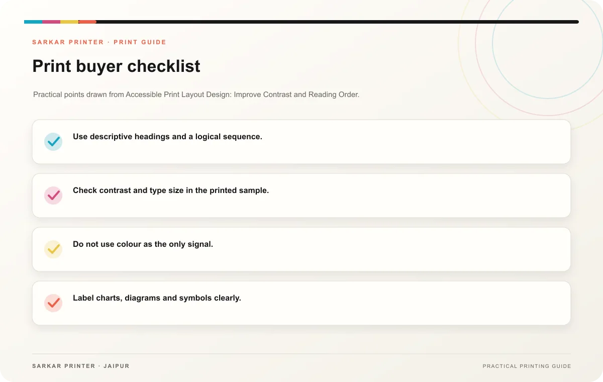 Print buyer checklist infographic for Accessible Print Layout Design: Improve Contrast and Reading Order