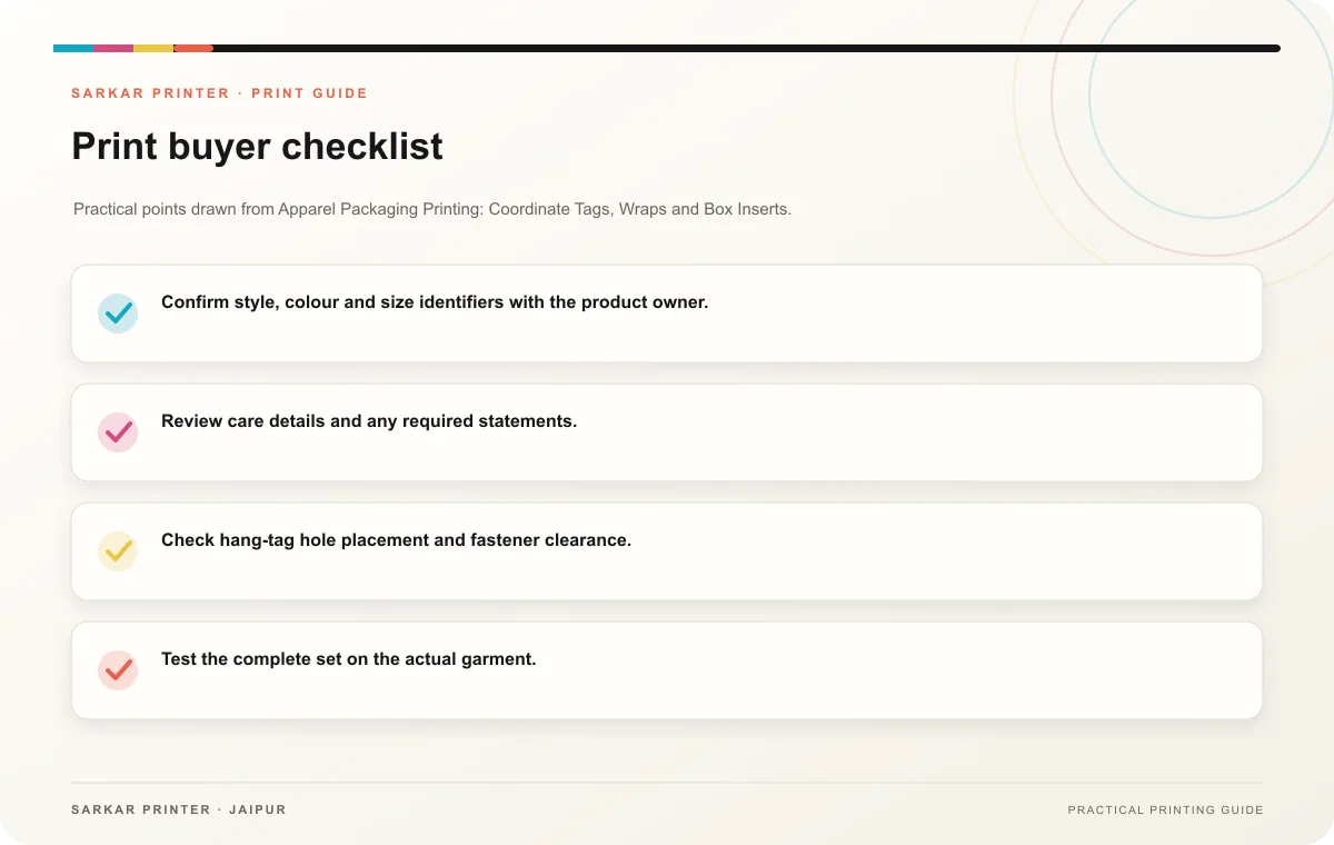 Print buyer checklist infographic for Apparel Packaging Printing: Coordinate Tags, Wraps and Box Inserts