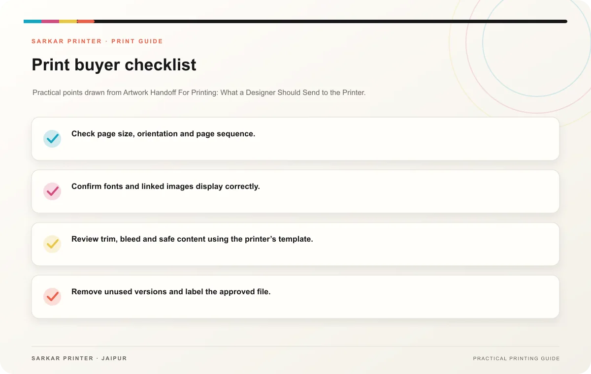 Print buyer checklist infographic for Artwork Handoff For Printing: What a Designer Should Send to the Printer