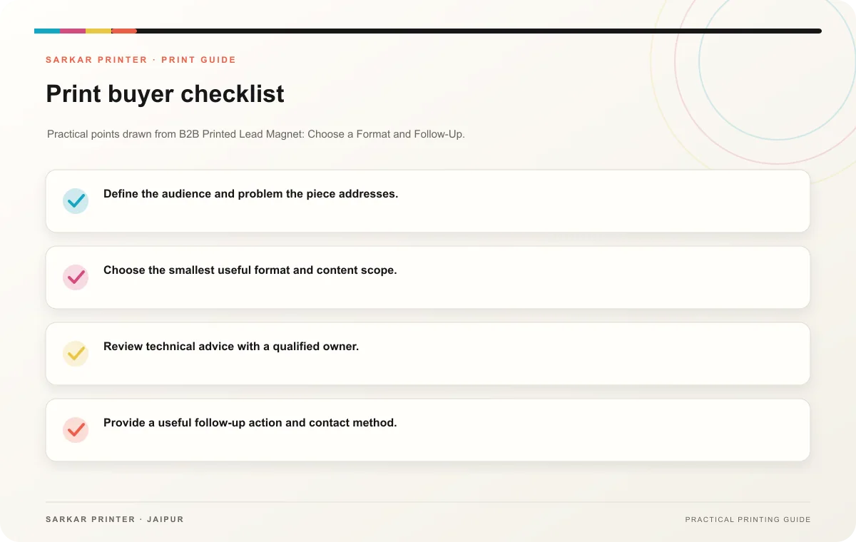 Print buyer checklist infographic for B2B Printed Lead Magnet: Choose a Format and Follow-Up