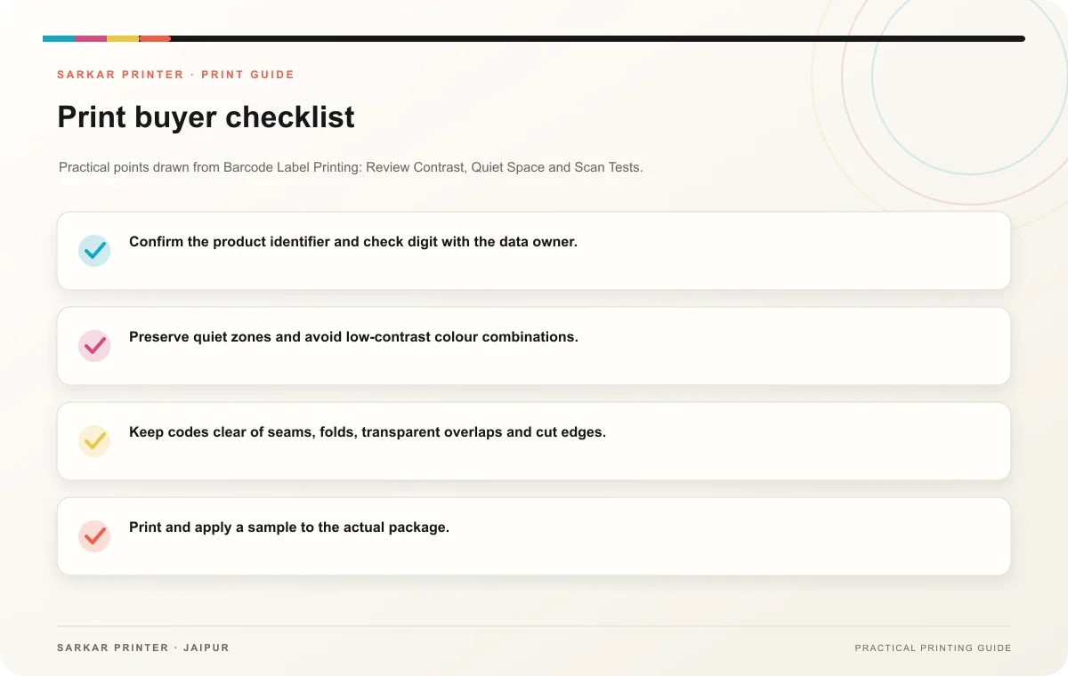 Print buyer checklist infographic for Barcode Label Printing: Review Contrast, Quiet Space and Scan Tests