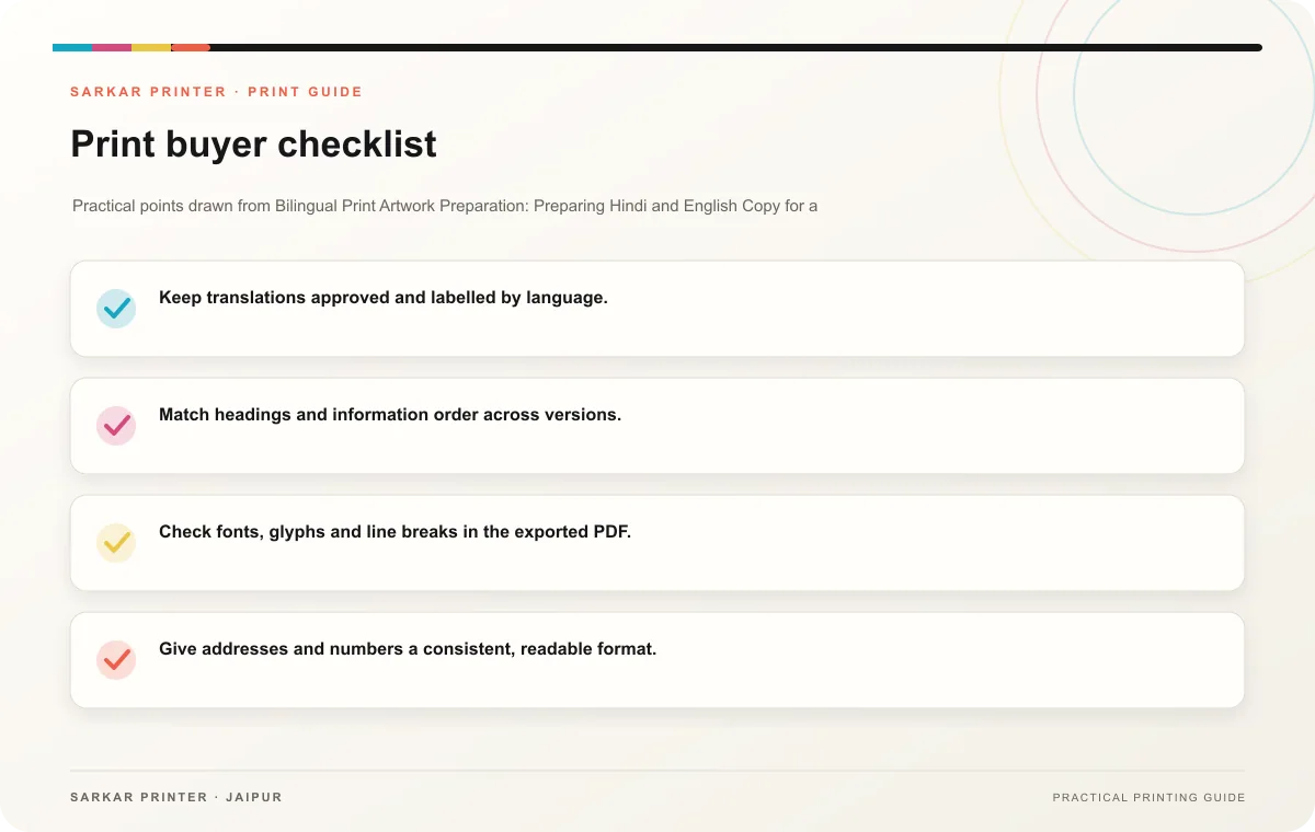 Print buyer checklist infographic for Bilingual Print Artwork Preparation: Preparing Hindi and English Copy for a Shared Print Layout