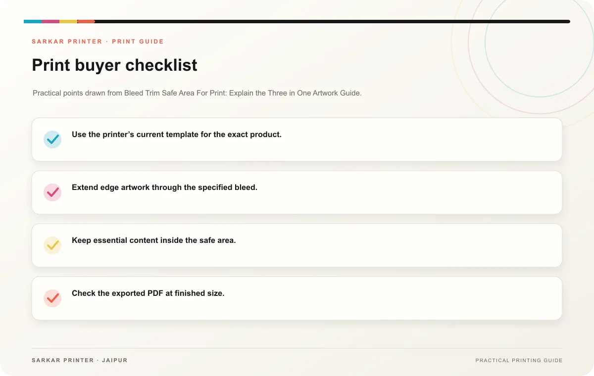 Print buyer checklist infographic for Bleed Trim Safe Area For Print: Explain the Three in One Artwork Guide