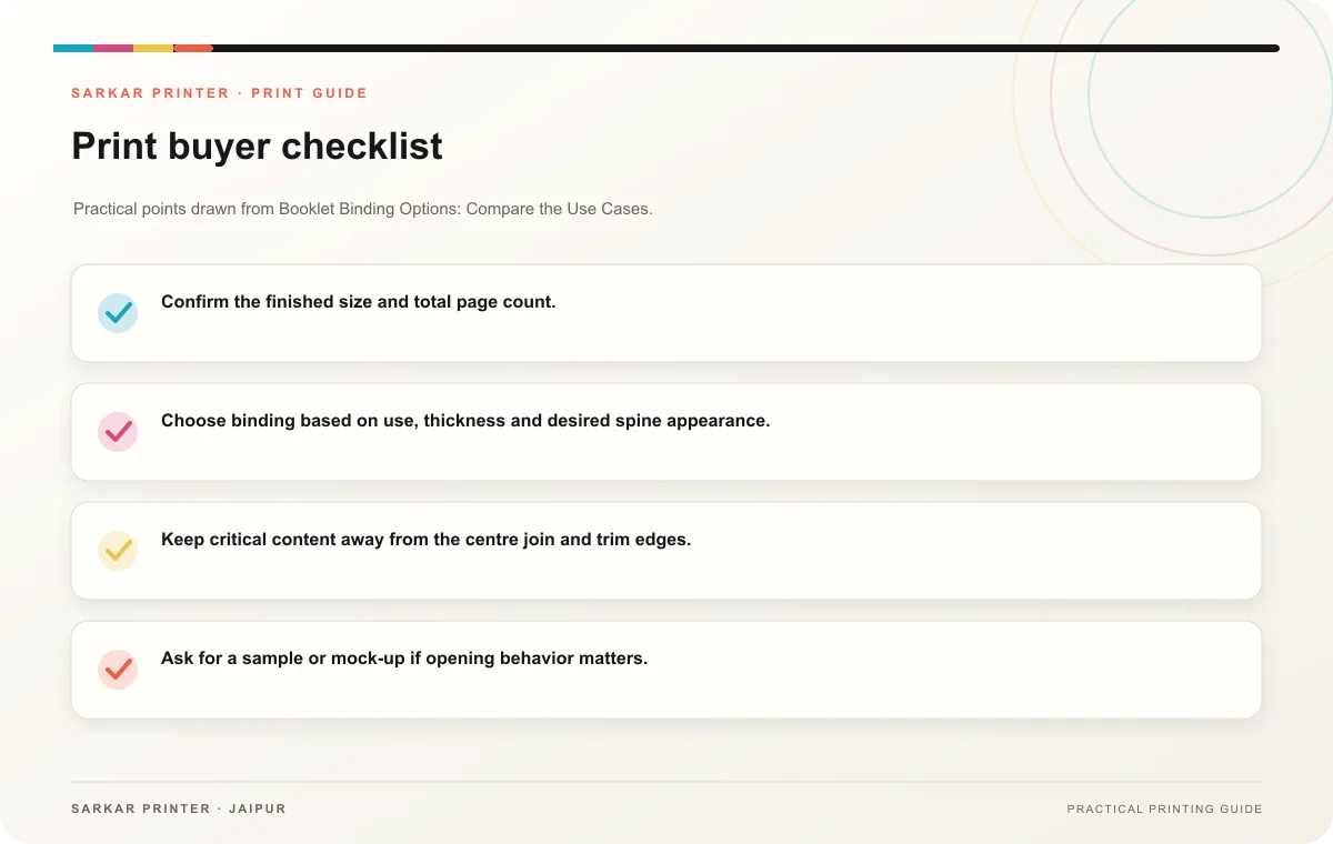 Print buyer checklist infographic for Booklet Binding Options: Compare the Use Cases