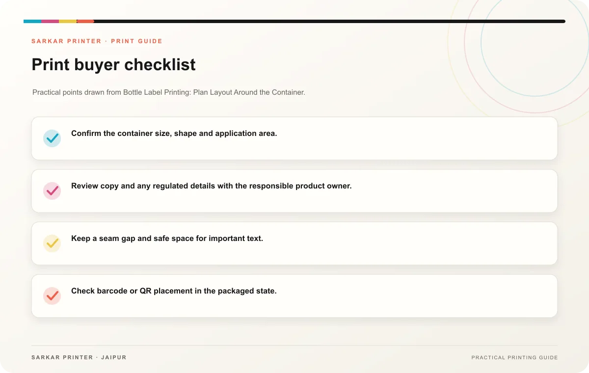 Print buyer checklist infographic for Bottle Label Printing: Plan Layout Around the Container