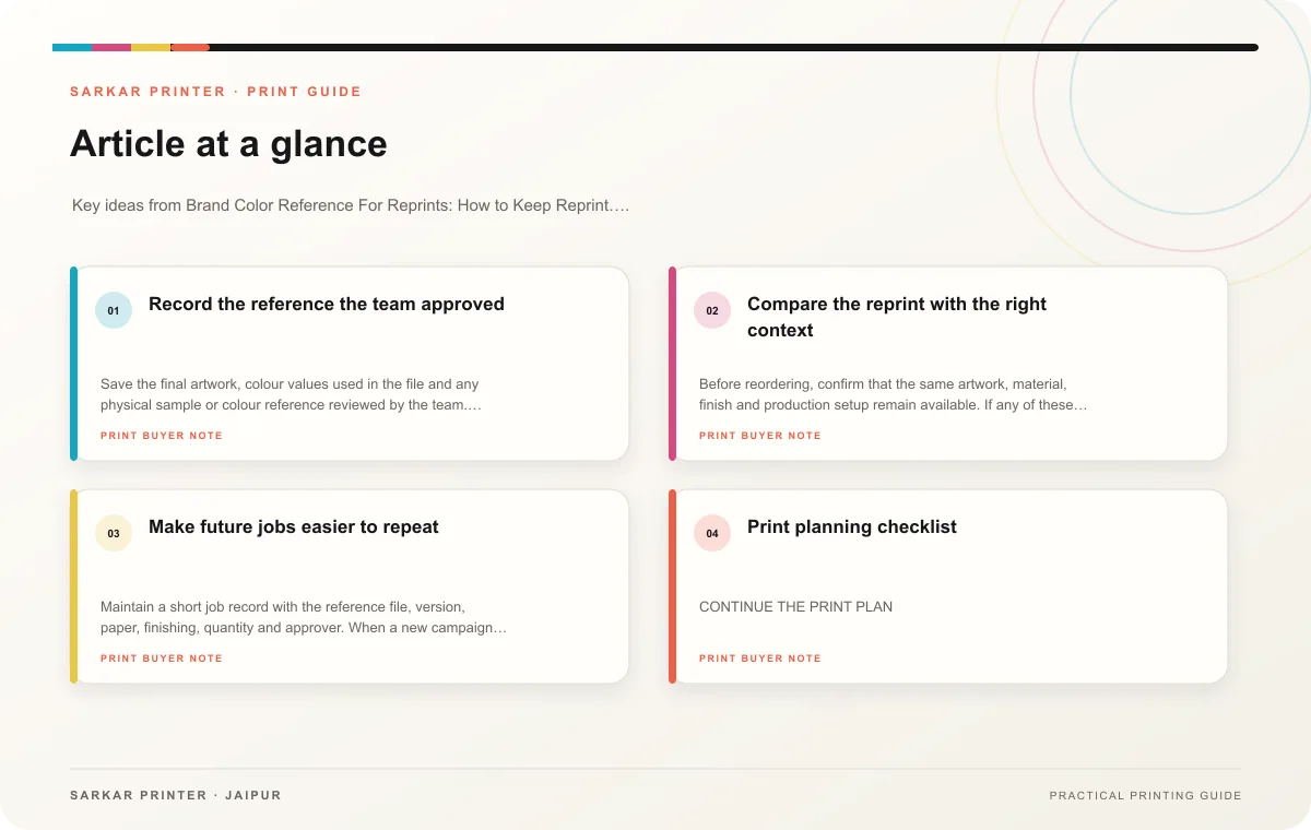 At a glance infographic summarising Brand Color Reference For Reprints: How to Keep Reprint References for Brand Colors