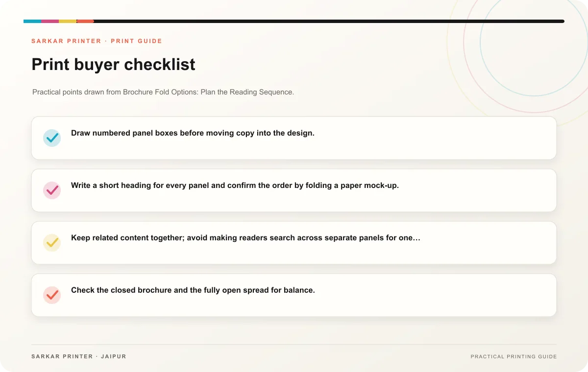 Print buyer checklist infographic for Brochure Fold Options: Plan the Reading Sequence