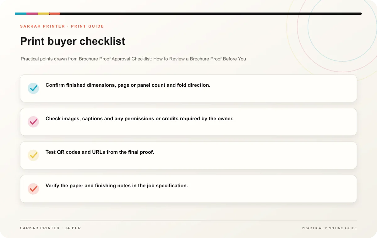 Print buyer checklist infographic for Brochure Proof Approval Checklist: How to Review a Brochure Proof Before You Approve It