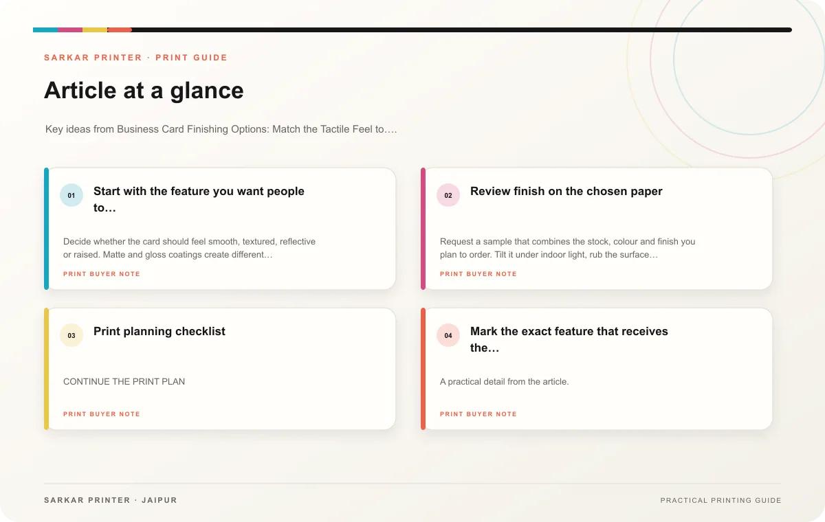 At a glance infographic summarising Business Card Finishing Options: Match the Tactile Feel to Your Brand