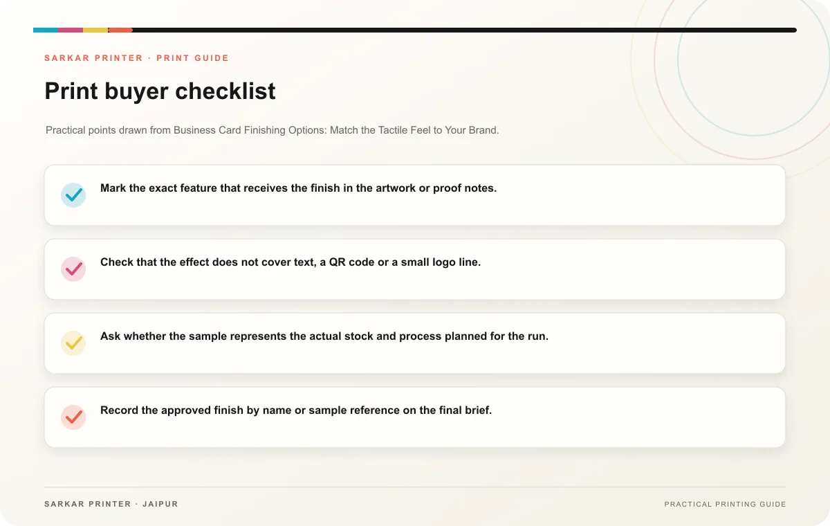 Print buyer checklist infographic for Business Card Finishing Options: Match the Tactile Feel to Your Brand