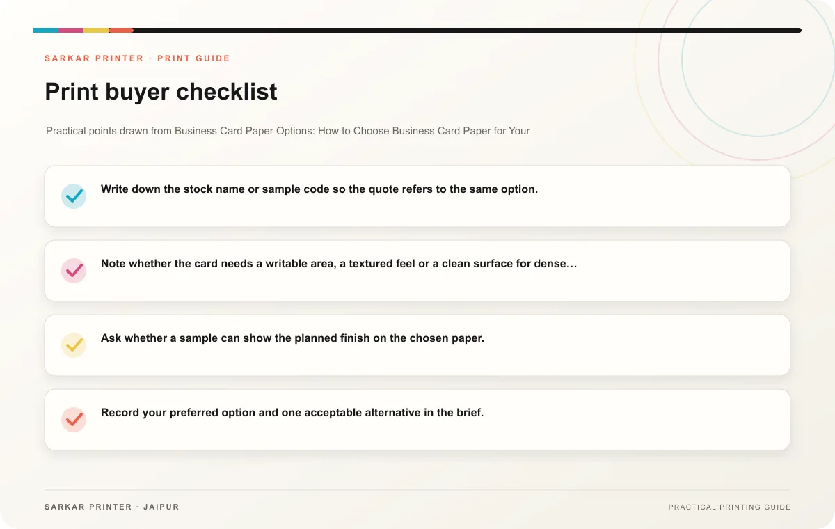 Print buyer checklist infographic for Business Card Paper Options: How to Choose Business Card Paper for Your Brand