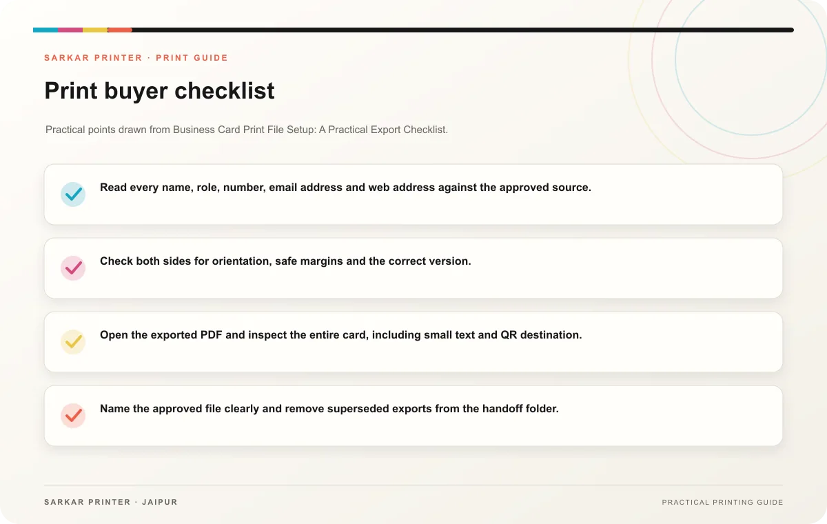 Print buyer checklist infographic for Business Card Print File Setup: A Practical Export Checklist