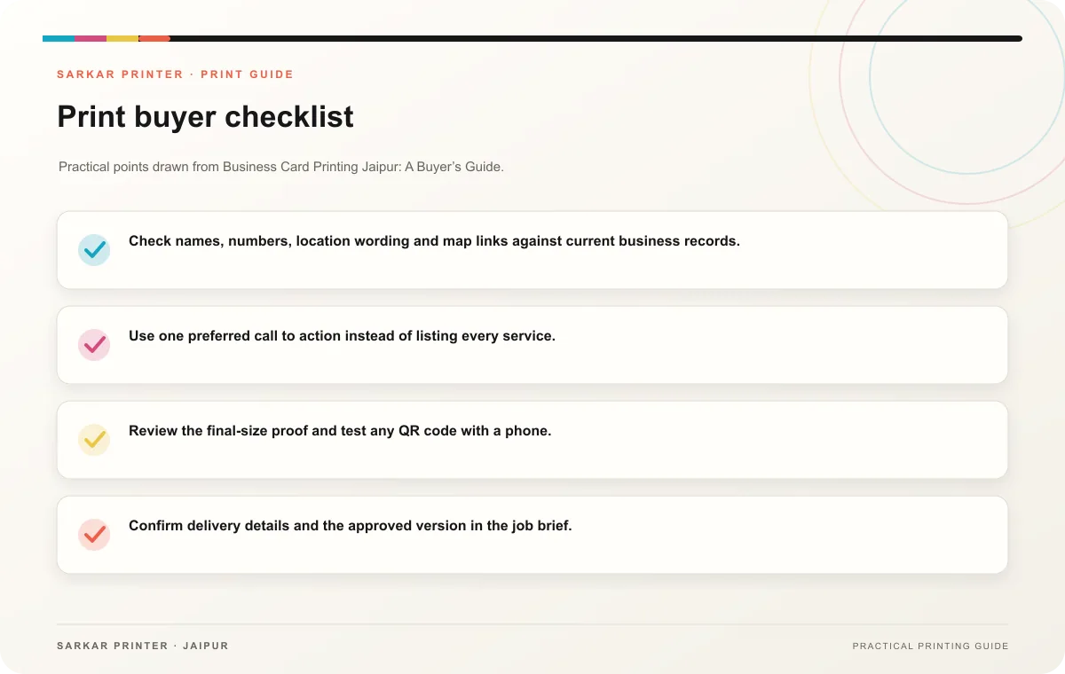 Print buyer checklist infographic for Business Card Printing Jaipur: A Buyer’s Guide
