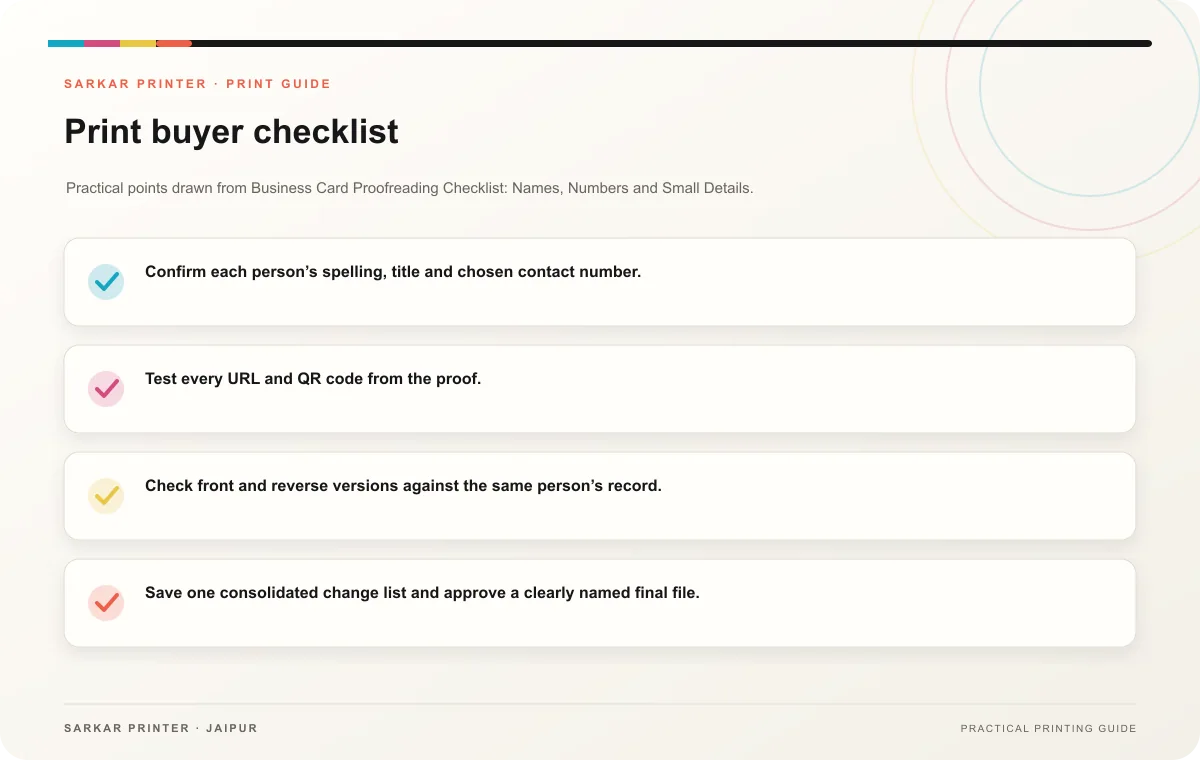 Print buyer checklist infographic for Business Card Proofreading Checklist: Names, Numbers and Small Details