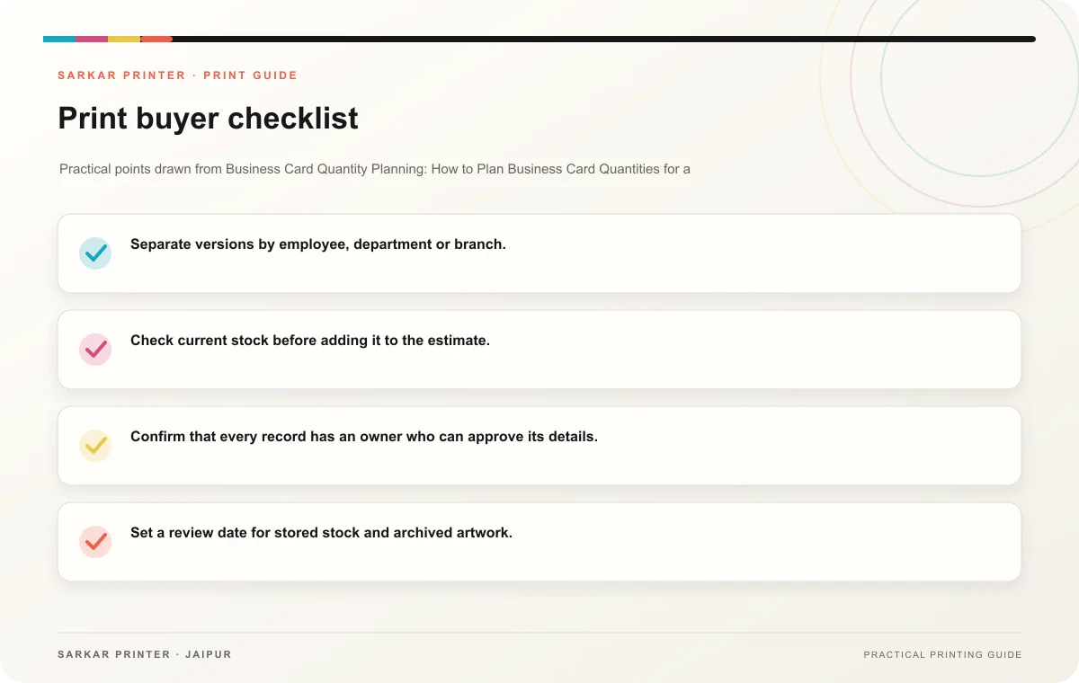 Print buyer checklist infographic for Business Card Quantity Planning: How to Plan Business Card Quantities for a Growing Team