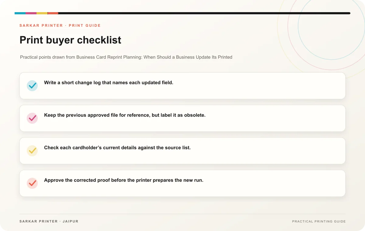 Print buyer checklist infographic for Business Card Reprint Planning: When Should a Business Update Its Printed Business Cards?