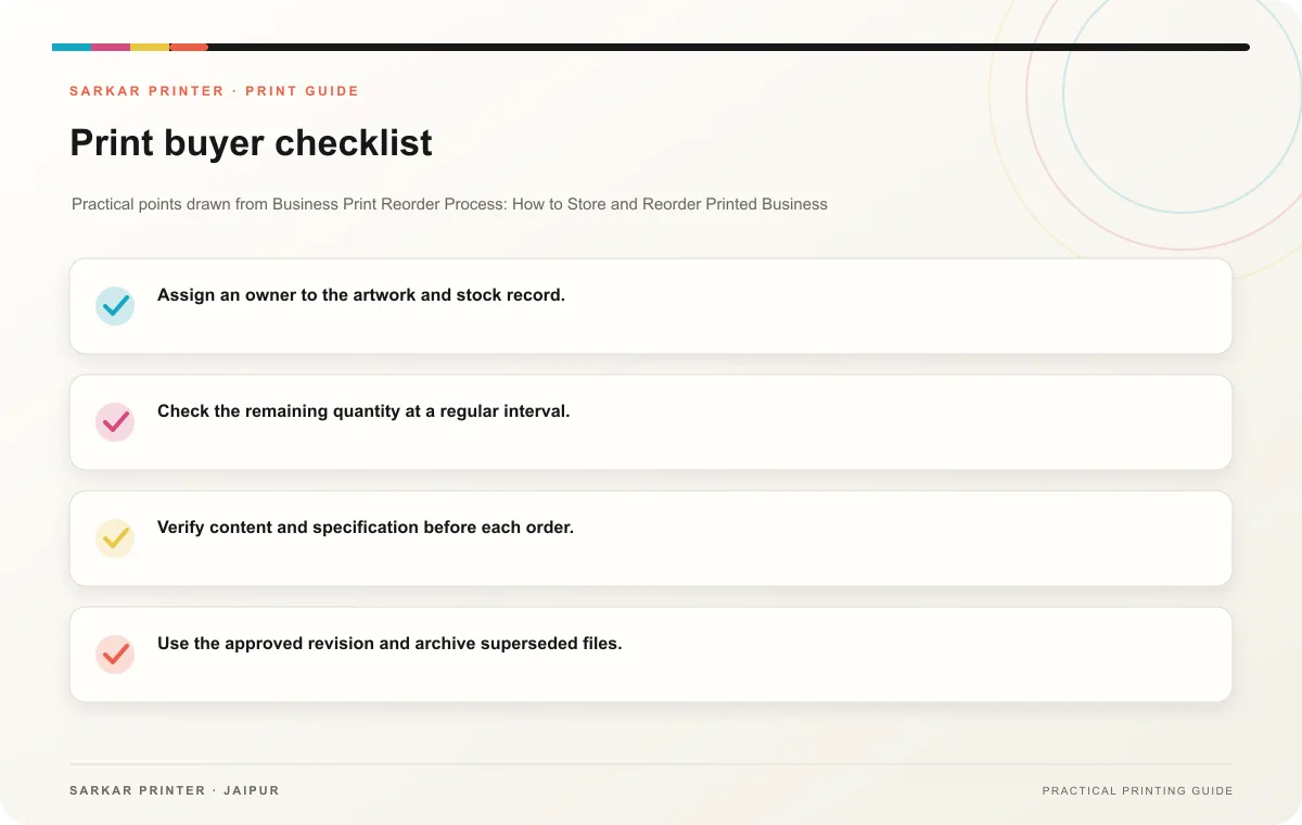 Print buyer checklist infographic for Business Print Reorder Process: How to Store and Reorder Printed Business Collateral