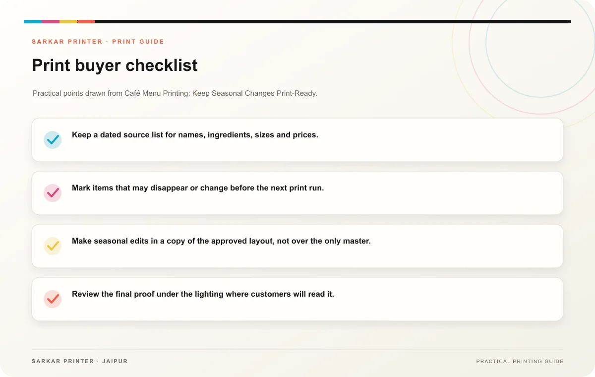 Print buyer checklist infographic for Café Menu Printing: Keep Seasonal Changes Print-Ready