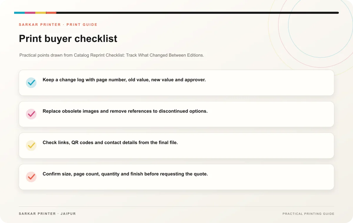 Print buyer checklist infographic for Catalog Reprint Checklist: Track What Changed Between Editions